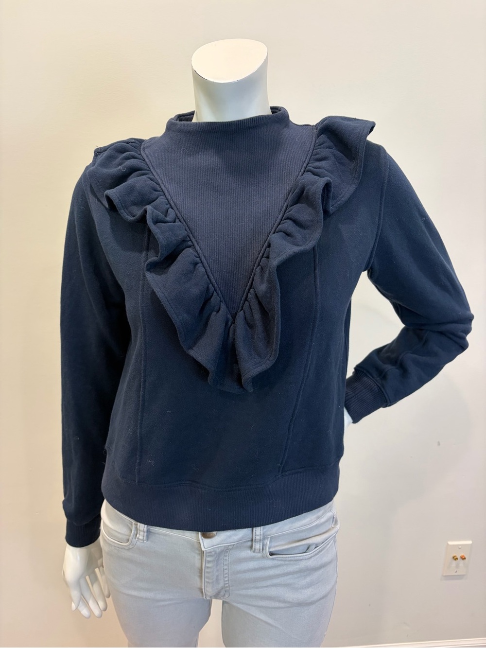 WARM Brand Navy Blue 100% Cotton Ruffle Ribbed Funnel Neck Sweatshirt